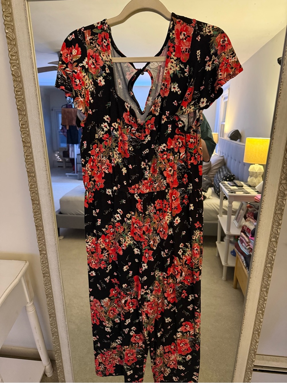 Maurices Black Jumpsuit with Red Floral Print